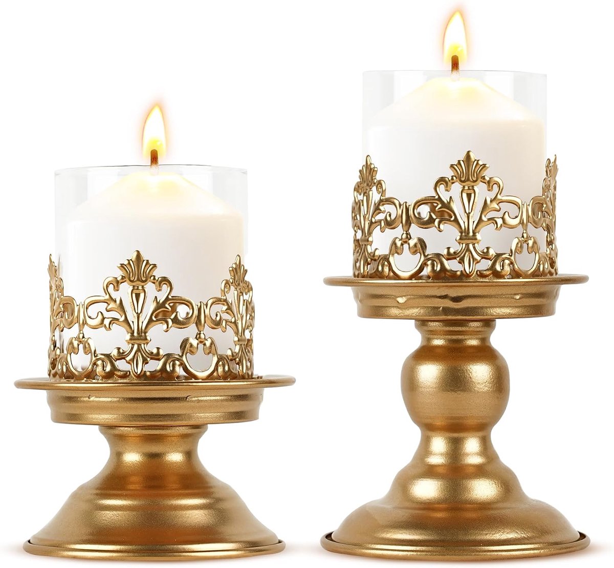 Kandelaar voor stompkaarsen, gothic metalen kandelaar met glazen mouwen, vintage decoratieve kaarsenhouder voor eettafel, middenstuk, 2 stuks, klein + groot, goud