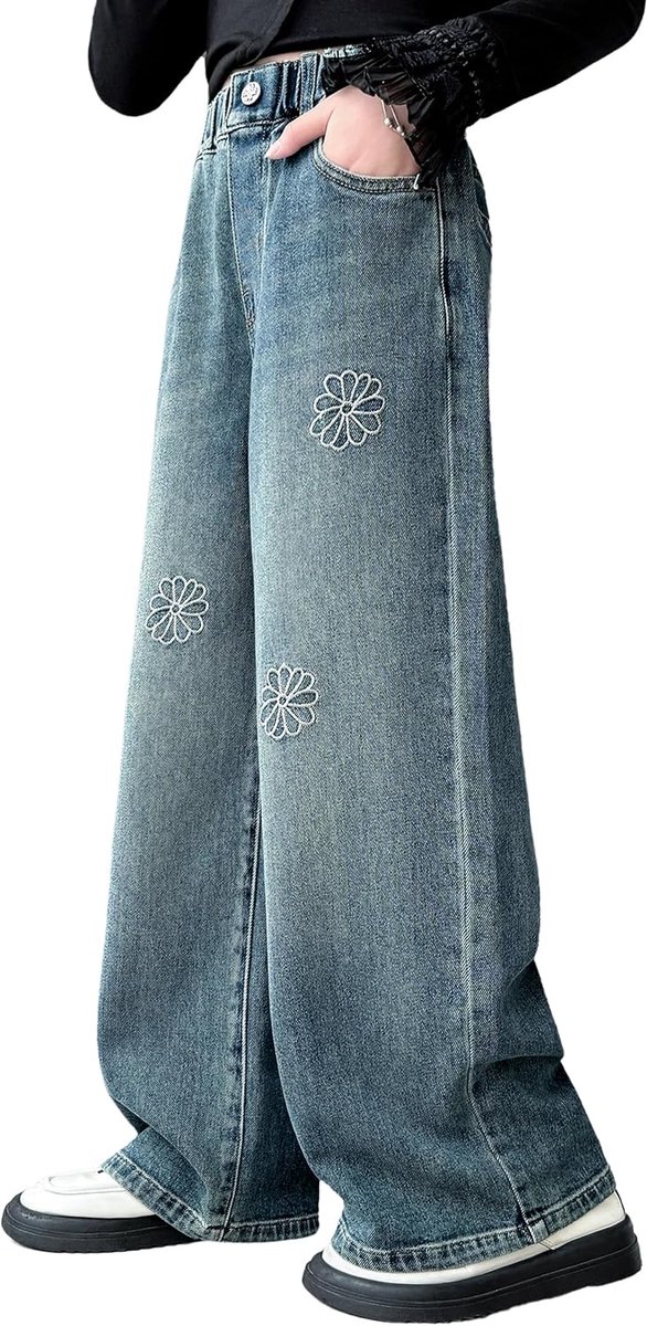 Jeans voor meisjes, hoge taille, brede pijpen, denim, losse bootcut, voor kinderen van 6-15 jaar