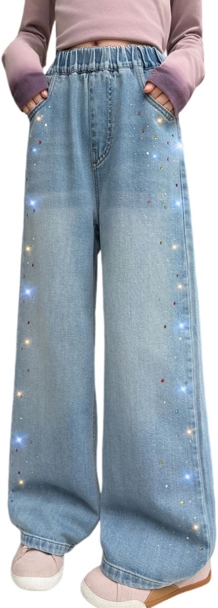Jeans voor meisjes, hoge taille, brede pijpen, denim, losse bootcut, voor kinderen van 6-15 jaar