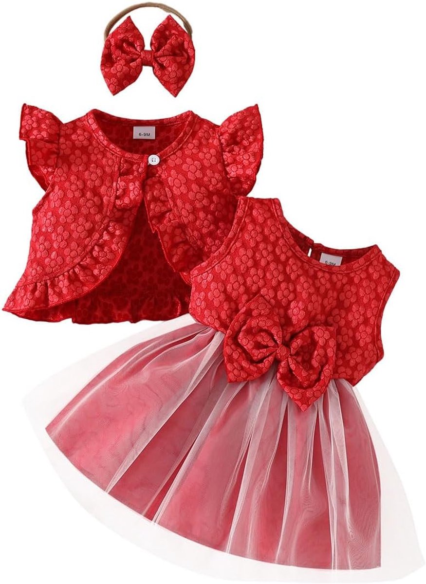 Mesh-jurk + Vest 2-delige Outfit, Mouwloze Prinsessenjurk met Strik en Tutu en Jas met Bloemenprint en Ruches aan de Mouwen voor 6 Maanden tot 3 Jaar, Rood