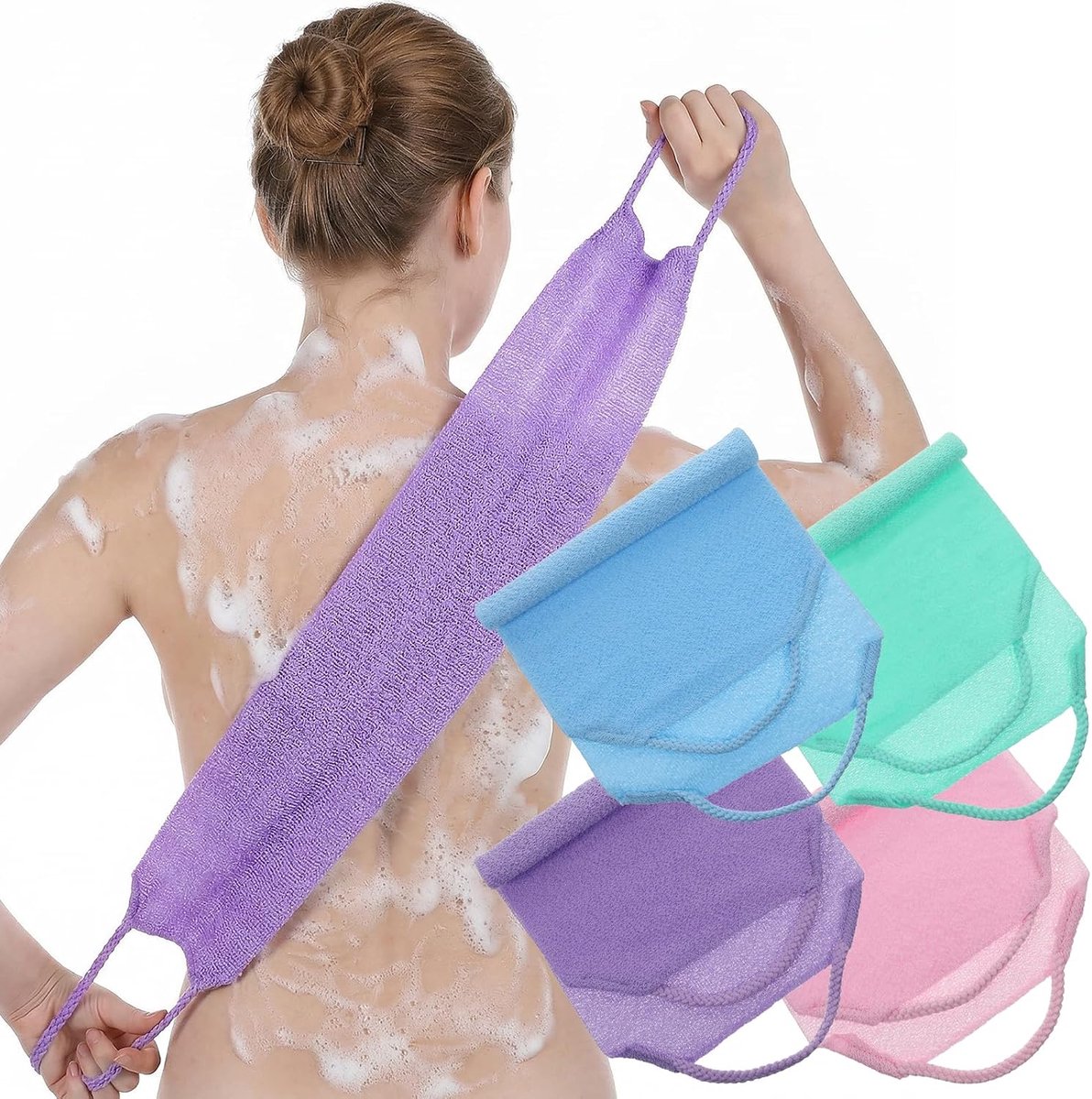 4-pack exfoliërende douchehanddoek, rekbare rug, extra lang exfoliërend washandje voor mannen vrouwen, body back scrubber washandje voor douche schrobben reiniging en dode huid verwijderen