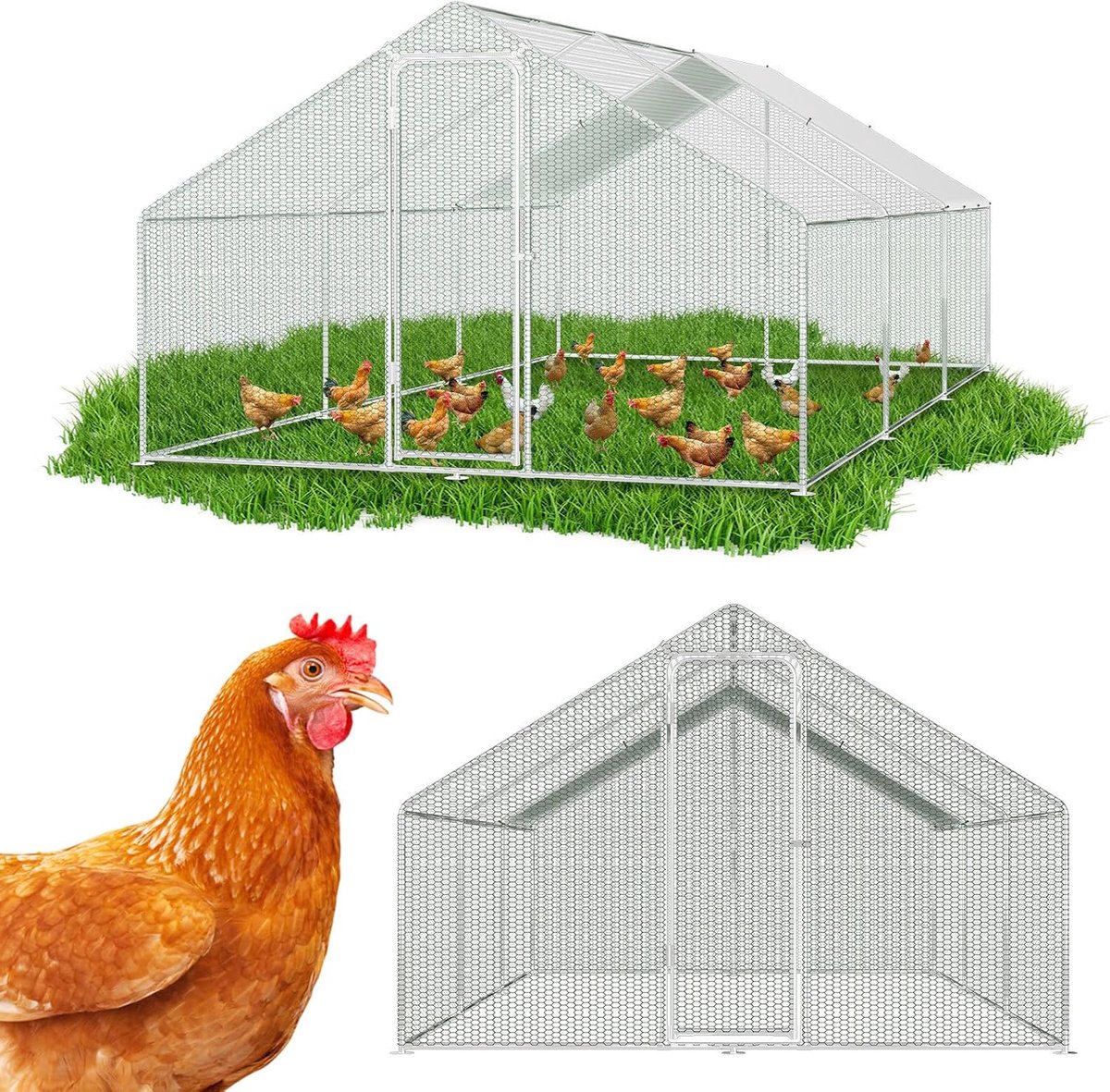 Vrijloophok, konijnenhok, verzinkt staal, outdoor, kippenhok, puntig dak met slot en waterdicht PE-weefsel, voor kippen, kleine dieren en planten (3 x 6 x 2 m)