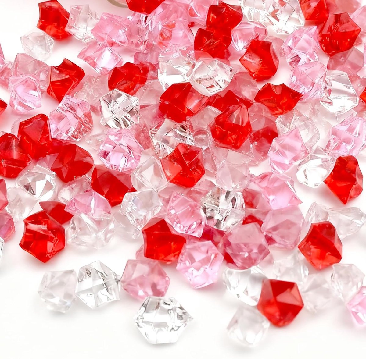 Crushed Ice Rocks, 500 g acryl decoratieve diamanten, acryl kristalstenen, helder gekleurde stenen voor het vullen van decoratieve vazen en om te knutselen, rood + roze + transparant