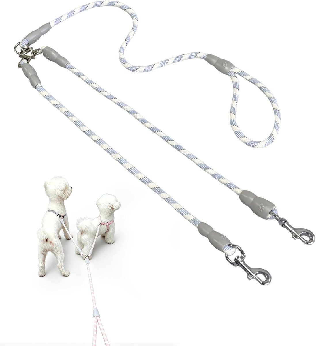 Riem, anti-klit, riemverdeler voor het uitlaten van twee honden, reflecterende basislijn voor kleine en middelgrote honden (roze)