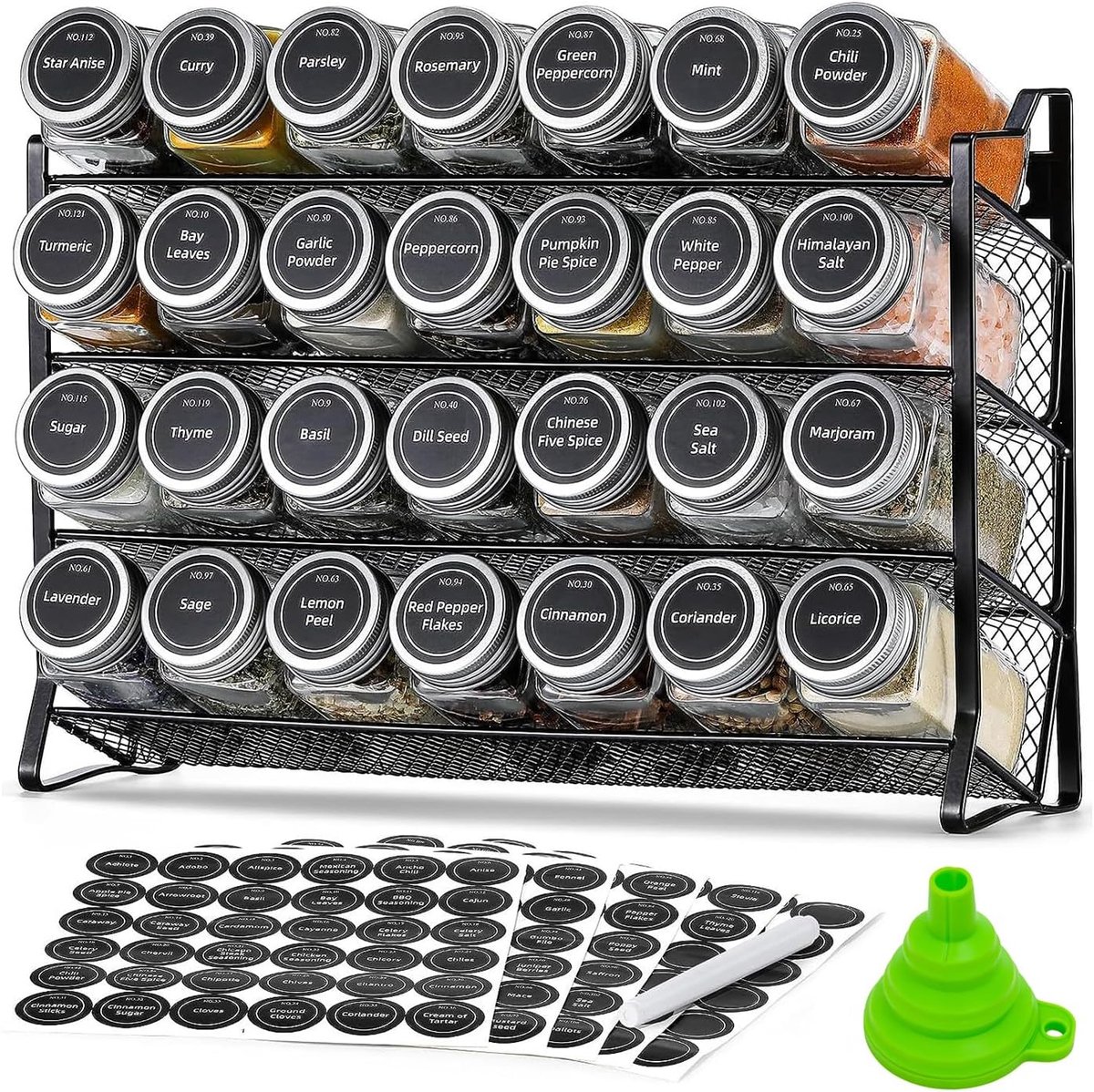 Kruidenrek, 4 etages, set met 28 kruidenpotjes en 180 etiketten, kruidenrek, organizer, staand en wandmontage, kruidenorganizer voor keuken, kast en werkblad