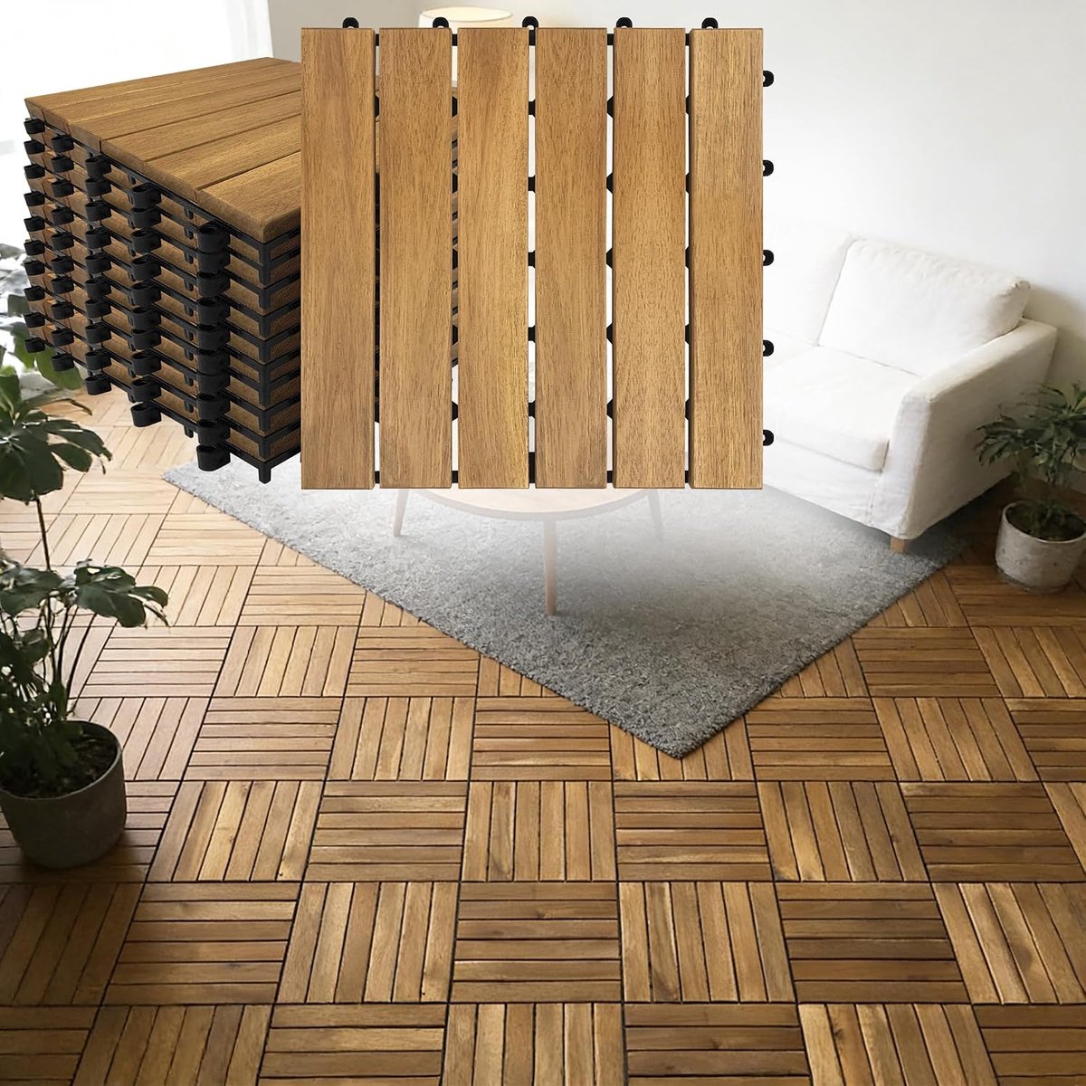 Houten tegels, balkontegels, balkontegels, balkonvloer, weerbestendig, 30 x 30 cm, van acaciahout, kliktegels, terrastegels met drainage, tuintegels, op maat te snijden, model A