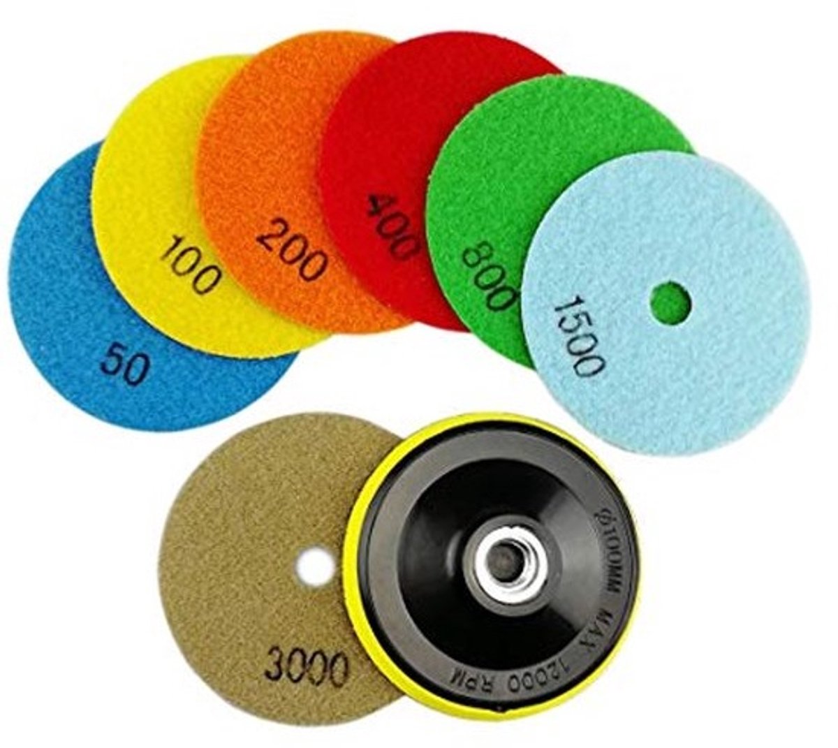 Diamantschijf en Polijstpads Set 7 Stuks voor Marmer, Graniet, Steen en Beton - 100 mm