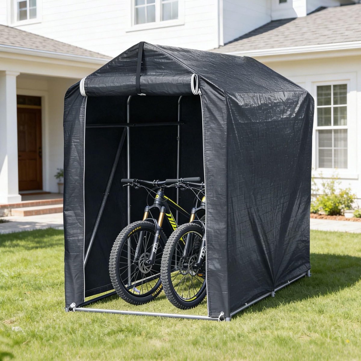 Fietstent, 187 x 100 x 165 cm, waterdichte fietsgarage voor 2 fietsen, verzinkt stalen frame, uv-bescherming, deur met ritssluiting, grijs