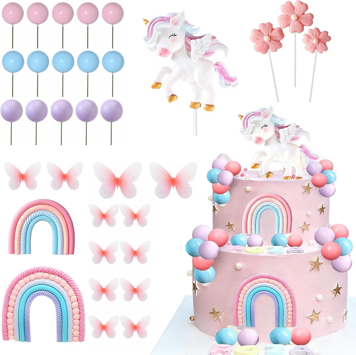 33 stuks eenhoorn-taartdecoraties, taartdecoraties voor verjaardag, inclusief elementen zoals eenhoorns, regenboog en vlinders, 3D-verjaardagsdecoratie voor verjaardagen en babyfeestjes voor