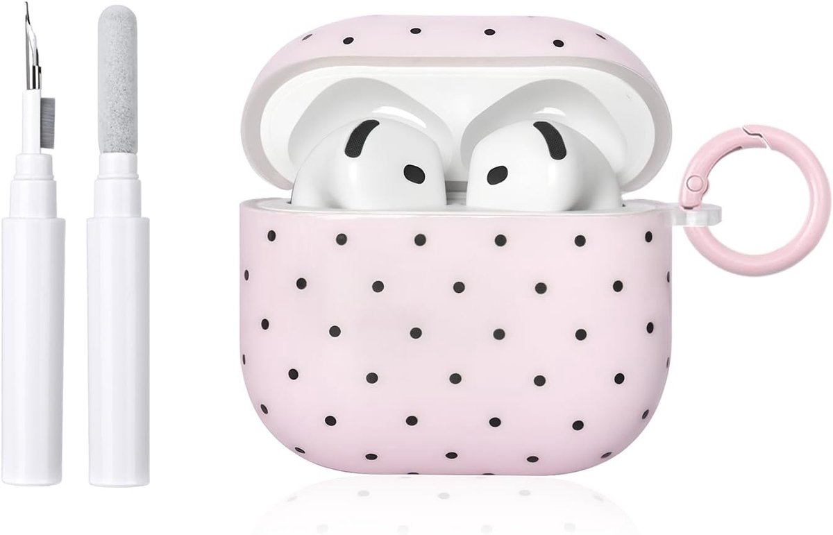 Voor AirPods 4 hoesje met schoonmaakset, schattig geprikte stippen golfpunt esthetisch ontwerp beschermhoes, duurzame sleutelhangerbescherming zacht hoofdtelefoon mobiele telefoonhoes – roze