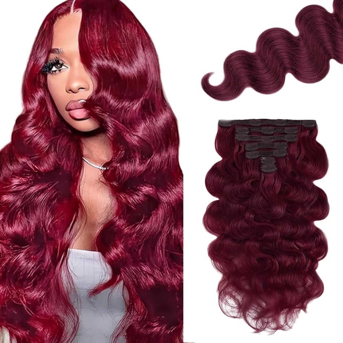 Wave Clip in Hair Extensions Brasilien Echthaar Unprocessed Brazilian Virgin Hair Weave #99j Burgundy 7 Pieces 120g With 16 Clips Per Set für Frauen 14 Inch