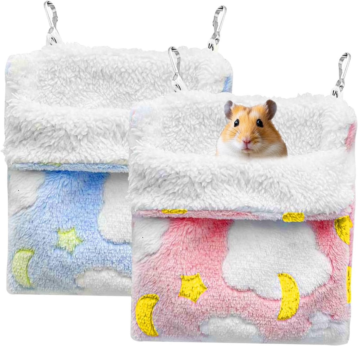 2 stuks warme hangmat voor kleine dieren, 18 x 20 cm, zachte hangmat om op te hangen, met 2 haken voor hamsters, fretten, eekhoorns, egels (roze, blauw)
