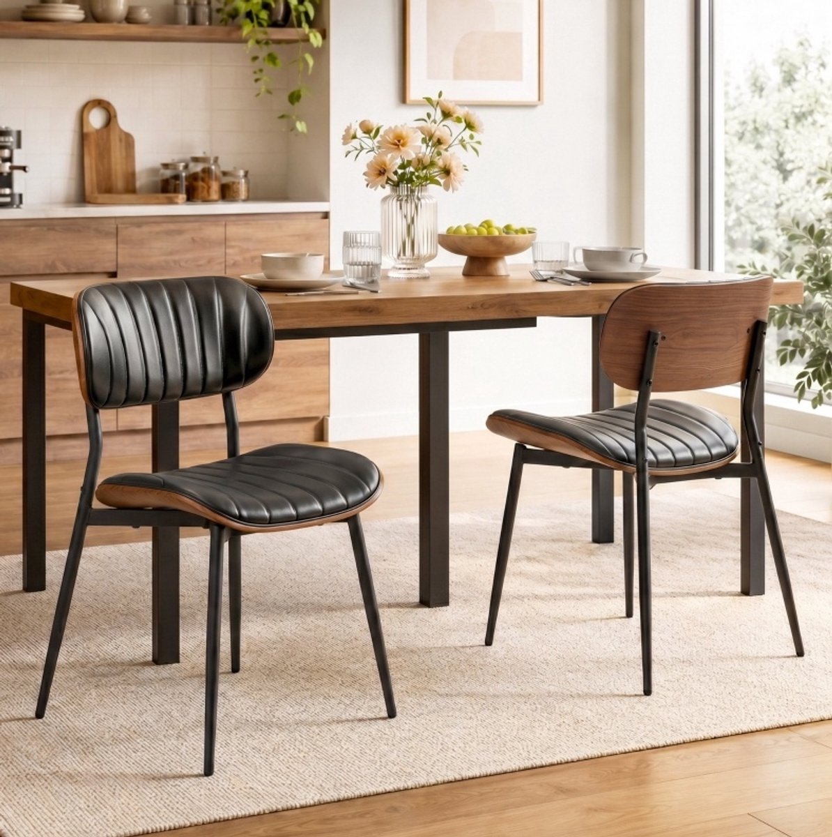 MODENUIT Eetkamerstoel - Set Van 2 - Gewatteerde Zitting - Voor Eetkamer En Keuken - Kunstleer - Zwart
