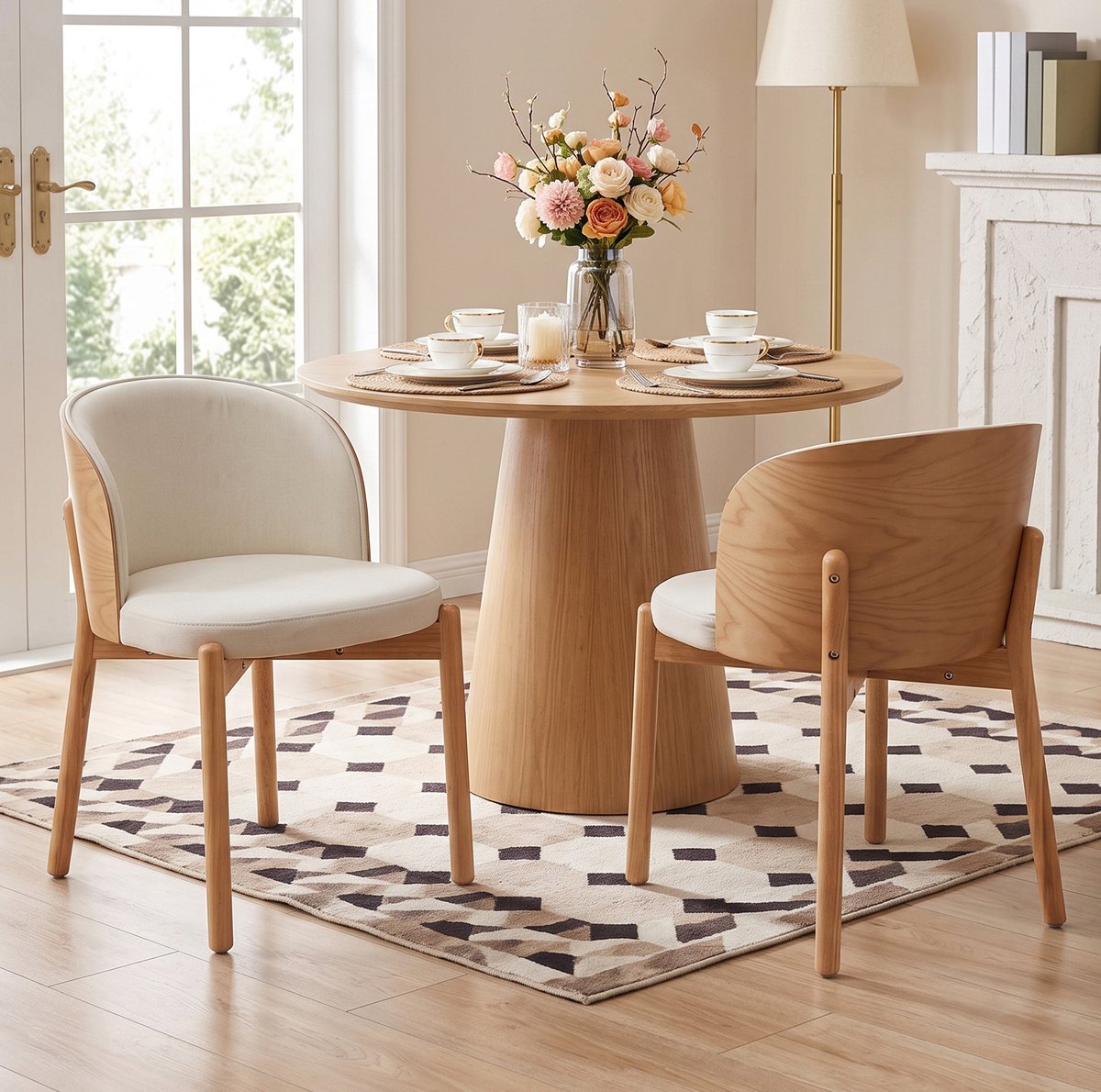 MODENUIT Eetkamerstoel 49 x 57 x 74 cm - Set Van 6 Met Armleuningen - Voor Eetkamer - Hout En Stof Naturel