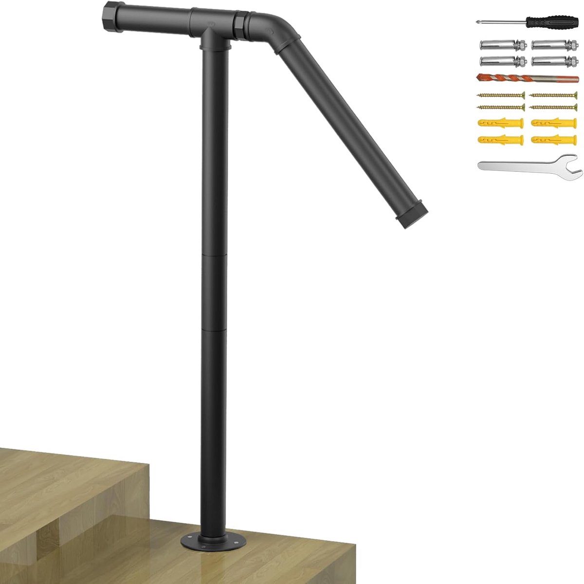 Smusei Enkele paal leuning voor 1-2 stappen, in hoogte verstelbare metalen trapleuning zwart, patio veranda buiten tuin leuningen veiligheid handsteun reling voor ouderen, kinderen en anderen, H