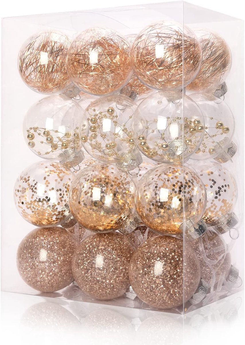 Kerstbalornamenten onbreekbare doorzichtige plastic decoratieve ballenset met gevulde delicate decoraties 70 mm (24 stuks, champagne)