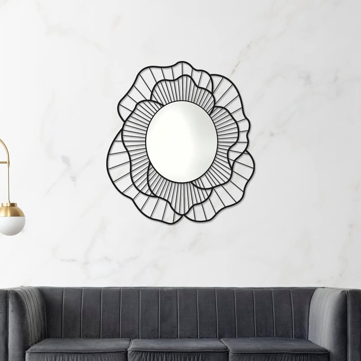 Wandspiegel van metaal, wanddecoratie, ronde spiegel voor badkamer, slaapkamer, woonkamer en huis, uniek design, zwart, cadeau, roze motief, afmetingen 60 x 60 cm