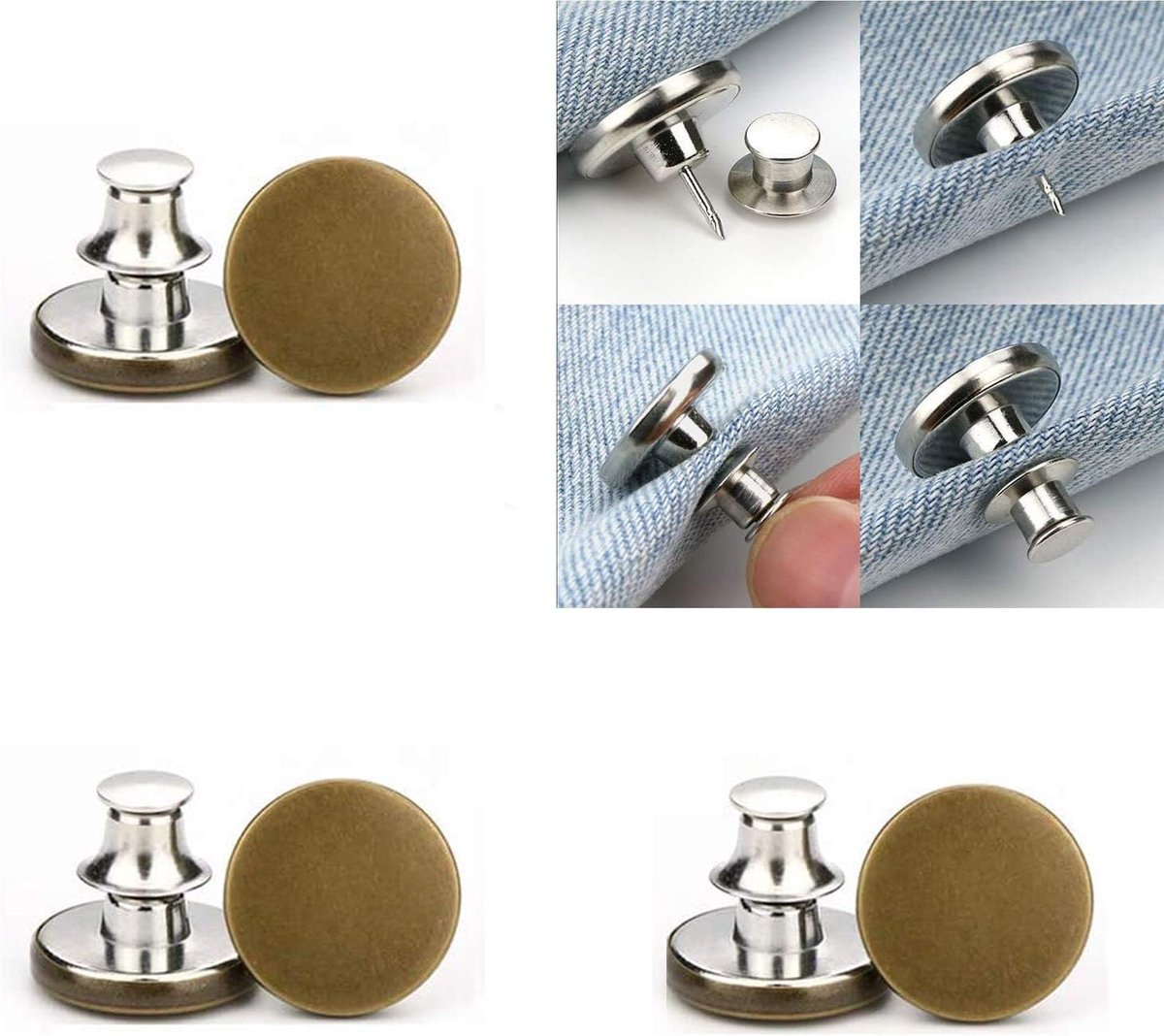 3 sets Knopspelden voor Jeans, Geen Naai Gereedschap Jean-knop Vervanging Drukknoppen, Metalen Platte Knop, Afneembare Afneembare Knoppen Geschikt voor Blazer, Rok, Kleding (Bruin)
