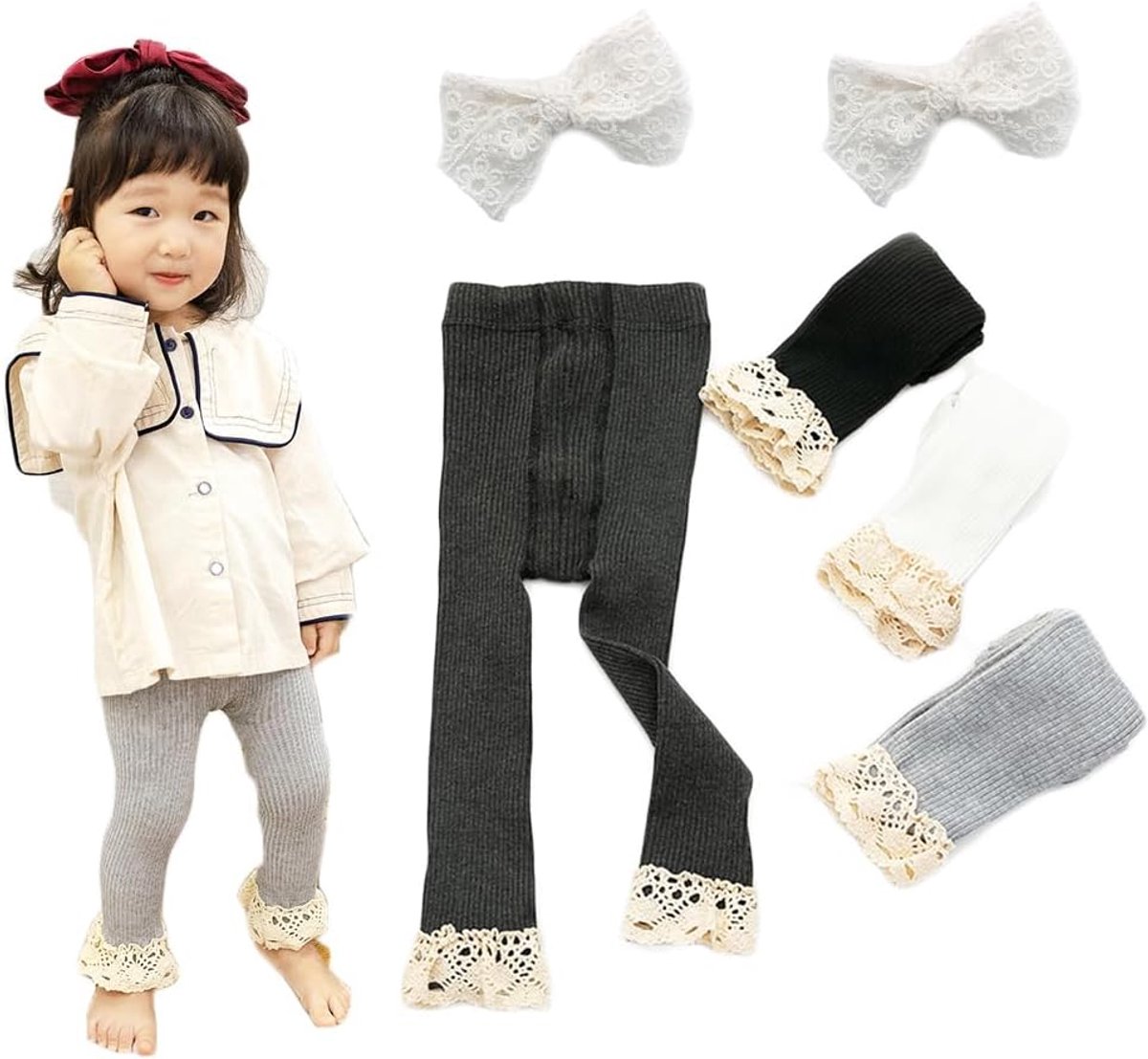 Leggings met kant, rand en vlinderdas voor babymeisjes, set van 4 stuks, haarclip, hoofdband (3 maanden - 4 jaar)
