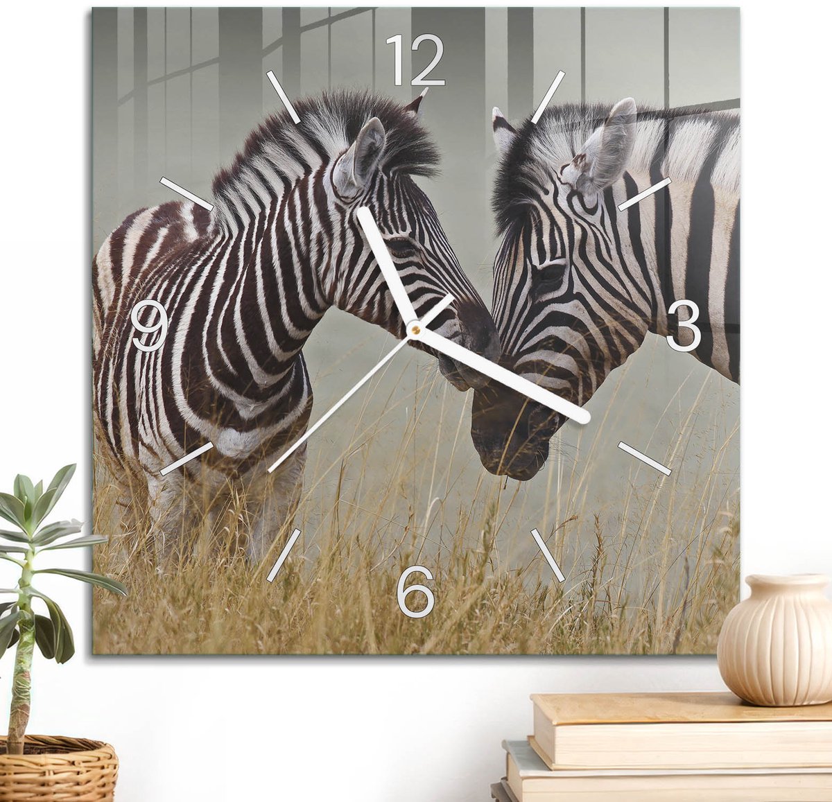 ArtPrintCave Zwart Glazen Klok - 30x30 cm - Wandklok Vierkant - Afrikaanse Zebra'S Wandklok Keuken - Natuur Unieke Klok - Witte Klokwijzers