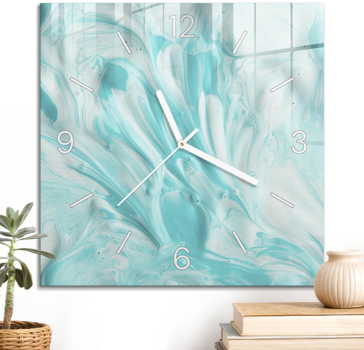 ArtPrintCave Turkoois Glazen Klok - 30x30 cm - Wandklok Vierkant - Mariene Abstractie Stille Wandklok - Kunst Wandklok Keuken - Witte Klokwijzers