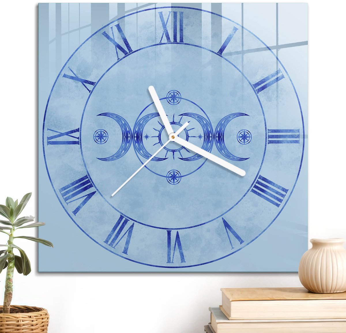 ArtPrintCave Blauw Glazen Klok - 30x30 cm - Wandklok Vierkant - Astronomische Klok Wandklok Keuken - Kunst Unieke Klok - Witte Klokwijzers