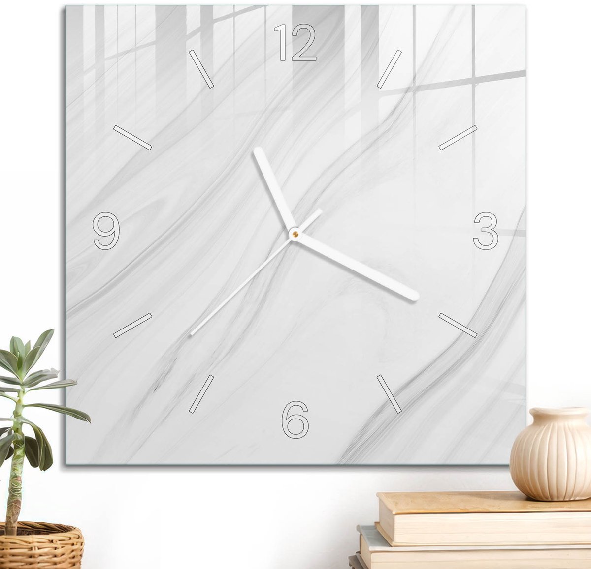 ArtPrintCave Wit Glazen Klok - 30x30 cm - Wandklok Vierkant - Grijze Golven Wandklok Keuken - Achtergronden En Patronen Unieke Klok - Witte Klokwijzers