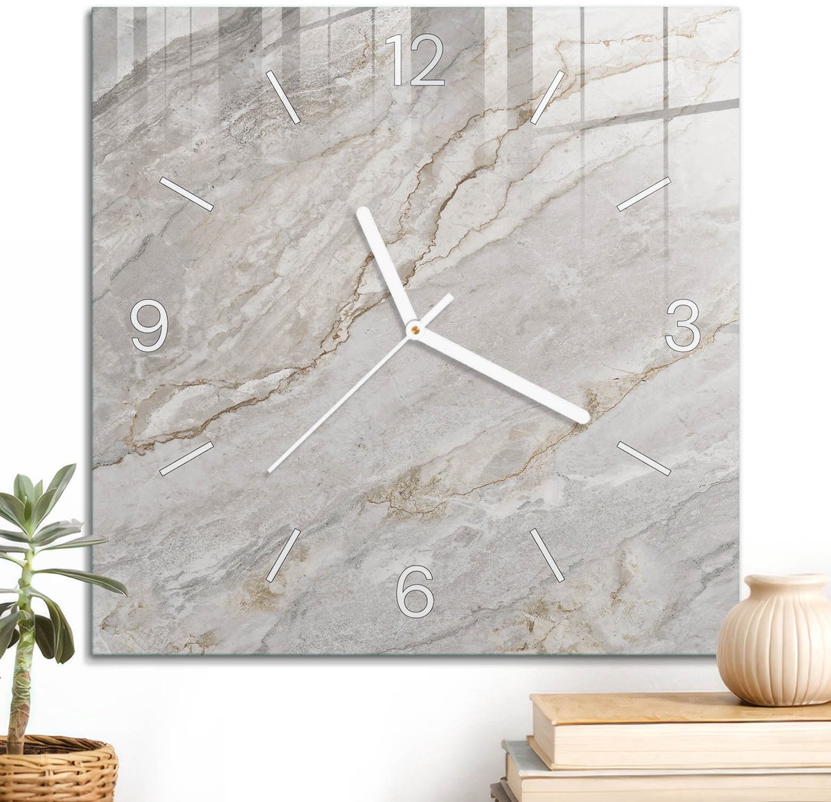 ArtPrintCave Grijs Glazen Klok - 30x30 cm - Wandklok Vierkant - Marmerpatroon Unieke Klok - Achtergronden En Patronen Stille Wandklok - Witte Klokwijzers