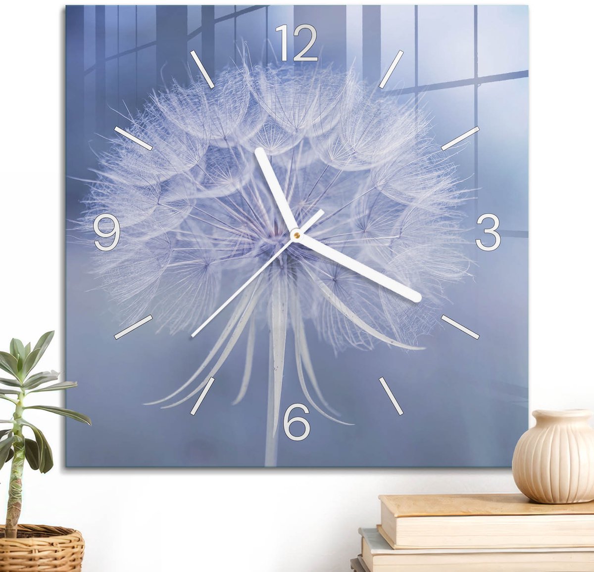 ArtPrintCave Blauw Glazen Klok - 30x30 cm - Wandklok Vierkant - Paardenbloem Van Dromen Stille Wandklok - Natuur Wandklok Keuken - Witte Klokwijzers