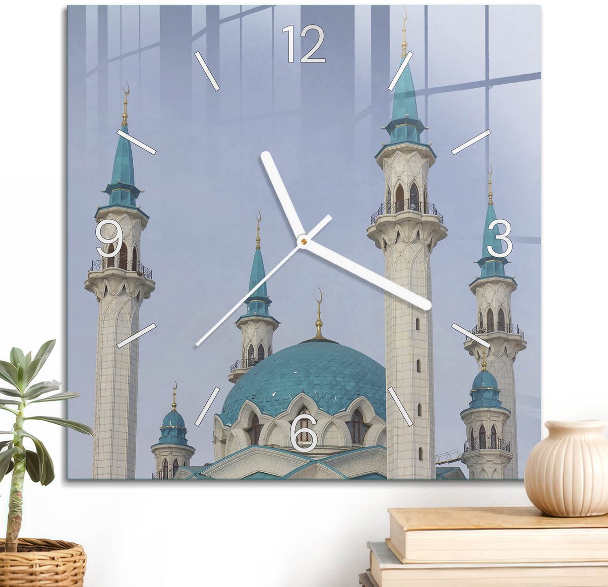 ArtPrintCave Turkoois Glazen Klok - 30x30 cm - Wandklok Vierkant - Majestueuze Architectuur Wandklok Keuken - Landschappen Unieke Klok - Witte Klokwijzers
