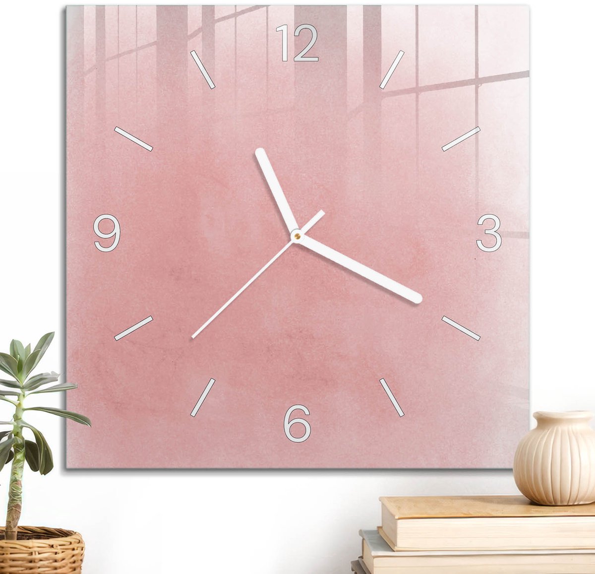 ArtPrintCave Roze Glazen Klok - 30x30 cm - Wandklok Vierkant - Roze Aquarelverf Stille Wandklok - Achtergronden En Patronen Wandklok Keuken - Witte Klokwijzers