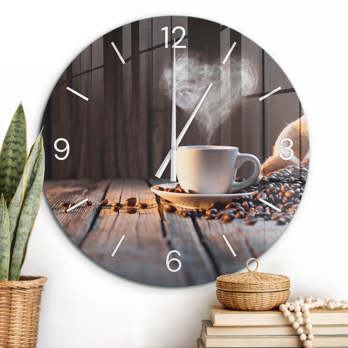 ArtPrintCave Bruin Glazen Klok - Wandklok 60 cm - Muurklok Rond - Koffieliefde Wandklok Keuken - Natuur Unieke Klok - Witte Klokwijzers
