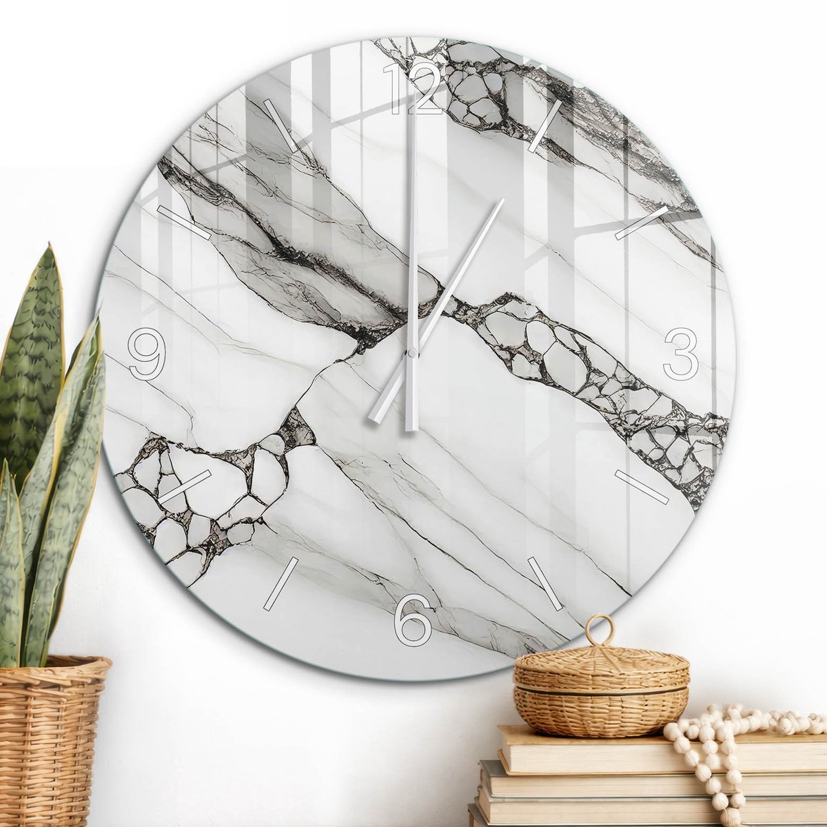 ArtPrintCave Wit Glazen Klok - Wandklok 60 cm - Muurklok Rond - Marmerpatroon Wandklok Keuken - Achtergronden En Patronen Unieke Klok - Witte Klokwijzers