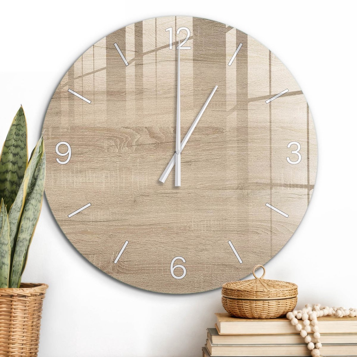 ArtPrintCave Beige Glazen Klok - Wandklok 60 cm - Muurklok Rond - Houtstructuur Stille Wandklok - Achtergronden En Patronen Wandklok Keuken - Witte Klokwijzers