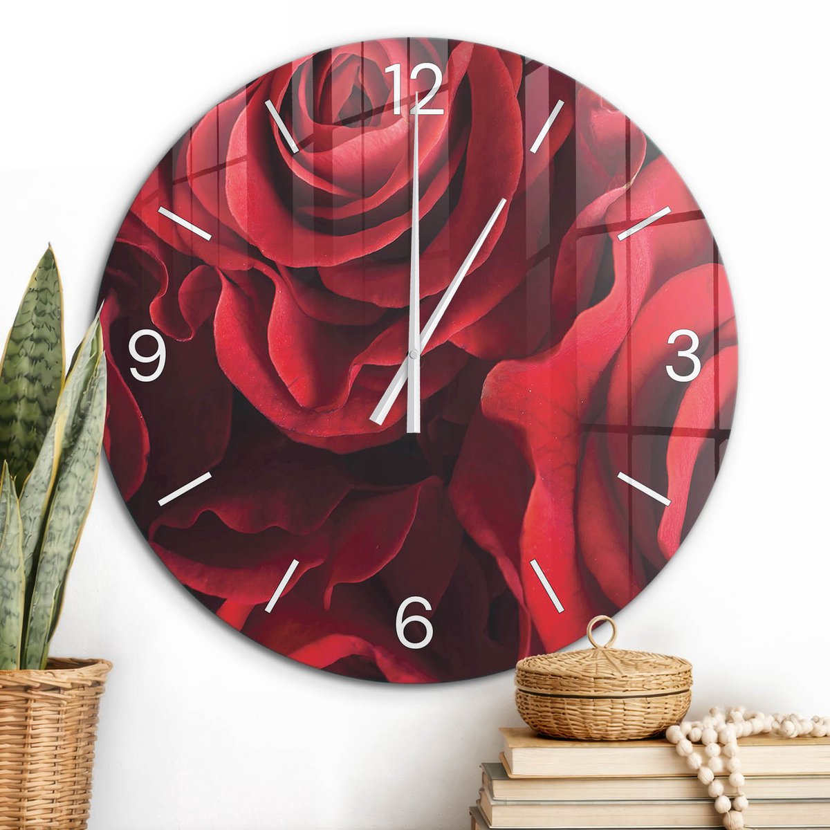 ArtPrintCave Rood Glazen Klok - Wandklok 60 cm - Muurklok Rond - Rode Rozen Unieke Klok - Natuur Stille Wandklok - Witte Klokwijzers