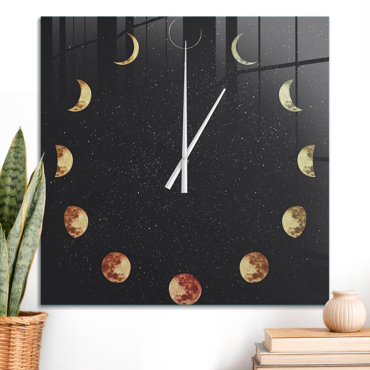 ArtPrintCave Zwart Glazen Klok - 60x60 cm - Wandklok Vierkant - Maanfasen Wandklok Keuken - Abstractie Unieke Klok - Witte Klokwijzers