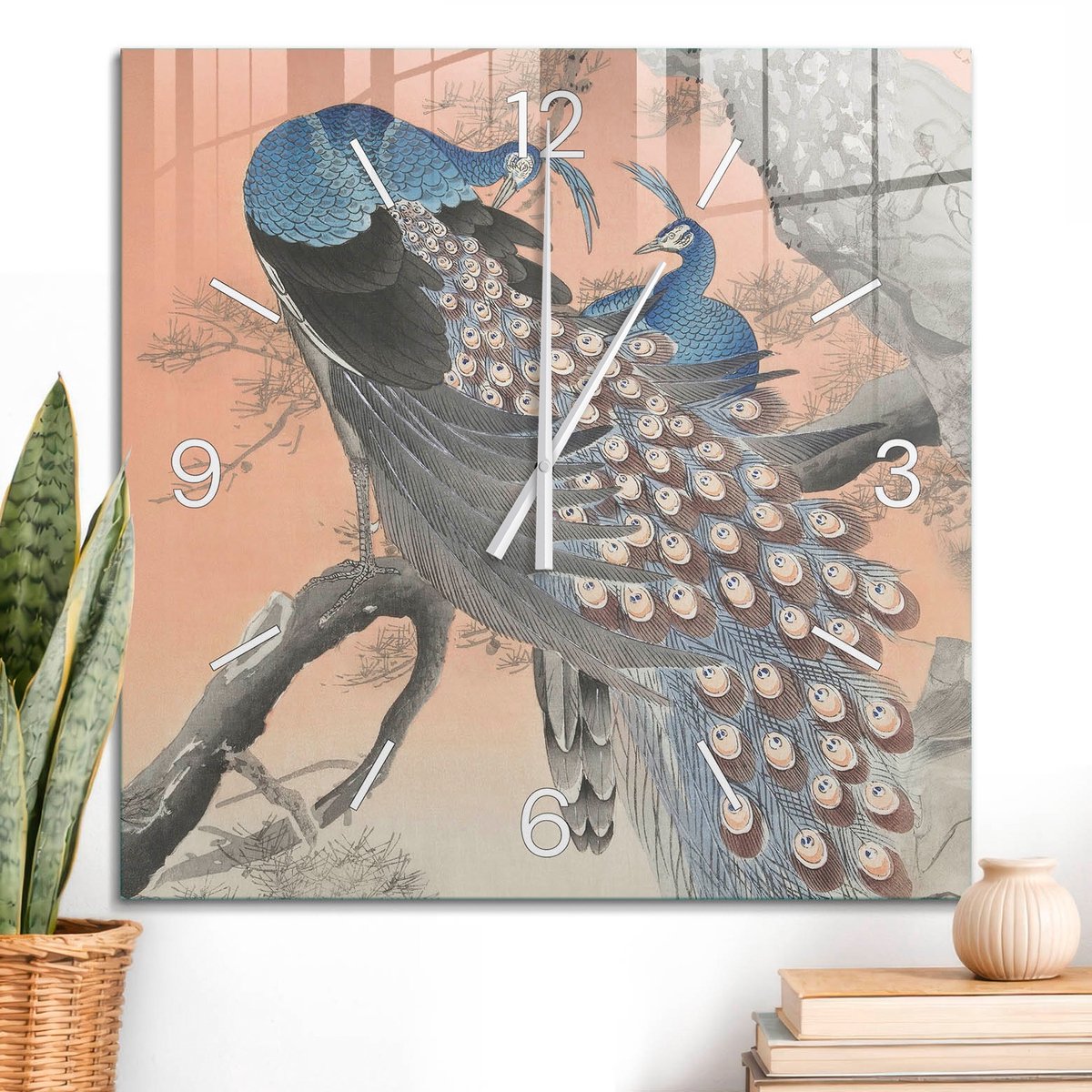 ArtPrintCave Blauw Glazen Klok - 60x60 cm - Wandklok Vierkant - Pauw Schoonheid Wandklok Keuken - Dieren Unieke Klok - Witte Klokwijzers