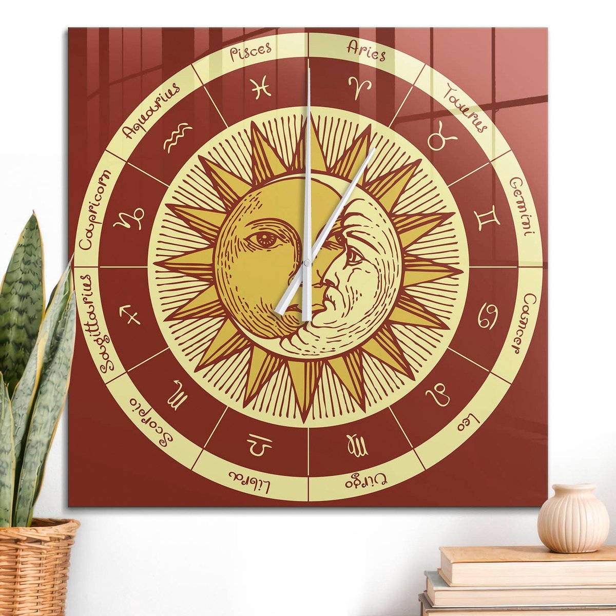 ArtPrintCave Rood Glazen Klok - 60x60 cm - Wandklok Vierkant - Dierenriem Astrologie Unieke Klok - Natuur Stille Wandklok - Witte Klokwijzers