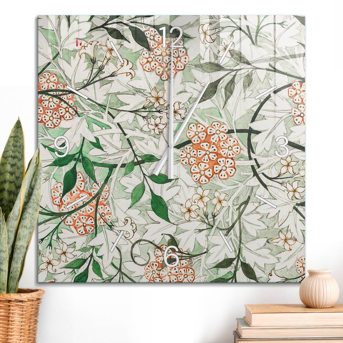 ArtPrintCave Groene Glazen Klok - 60x60 cm - Wandklok Vierkant - Bloemenpatroon Wandklok Keuken - Natuur Unieke Klok - Witte Klokwijzers