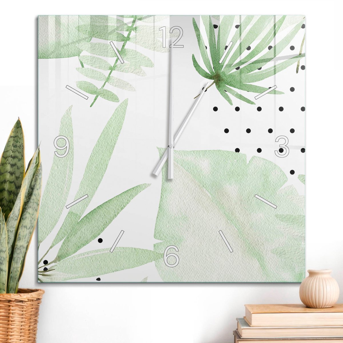 ArtPrintCave Groene Glazen Klok - 60x60 cm - Wandklok Vierkant - Groene Bladeren Wandklok Keuken - Abstractie Unieke Klok - Witte Klokwijzers