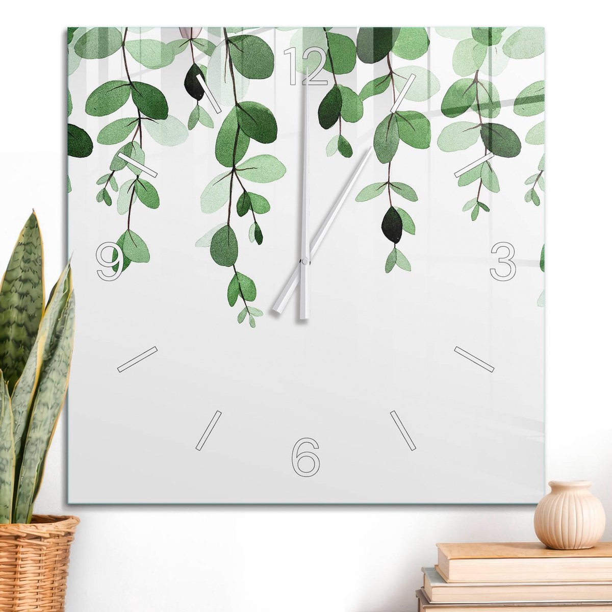 ArtPrintCave Groene Glazen Klok - 60x60 cm - Wandklok Vierkant - Groene Bladeren Stille Wandklok - Natuur Wandklok Keuken - Witte Klokwijzers
