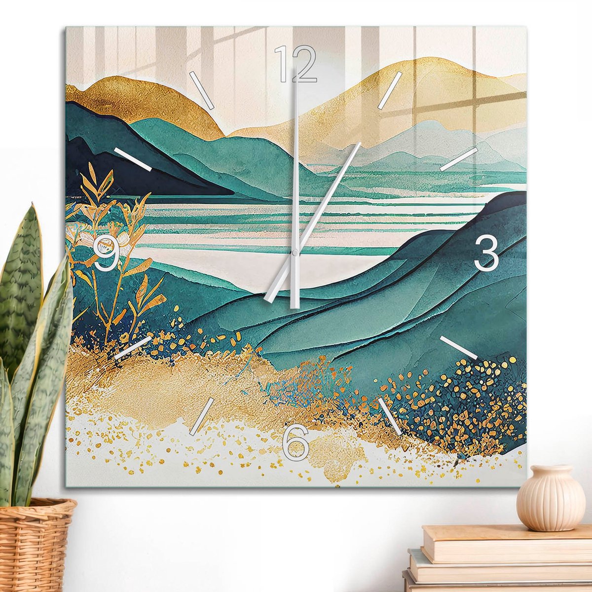 ArtPrintCave Turkoois Glazen Klok - 60x60 cm - Wandklok Vierkant - Turkoois Landschap Unieke Klok - Natuur Stille Wandklok - Witte Klokwijzers