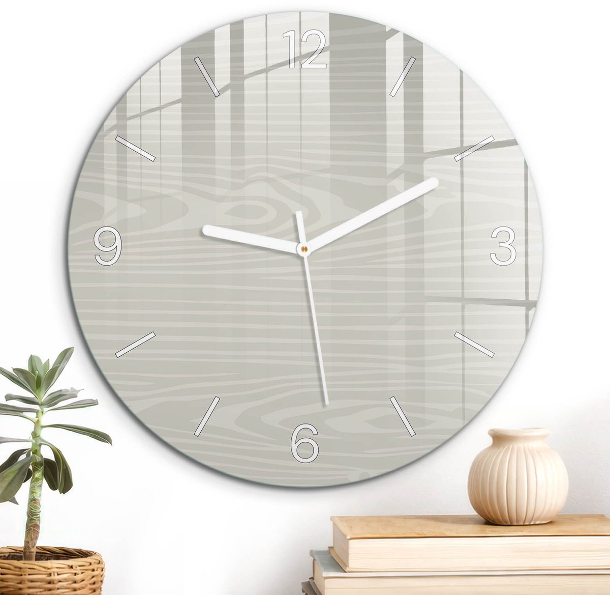 ArtPrintCave Beige Glazen Klok - Wandklok 30 cm - Muurklok Rond - Houten Patroon Unieke Klok - Achtergronden En Patronen Stille Wandklok - Witte Klokwijzers