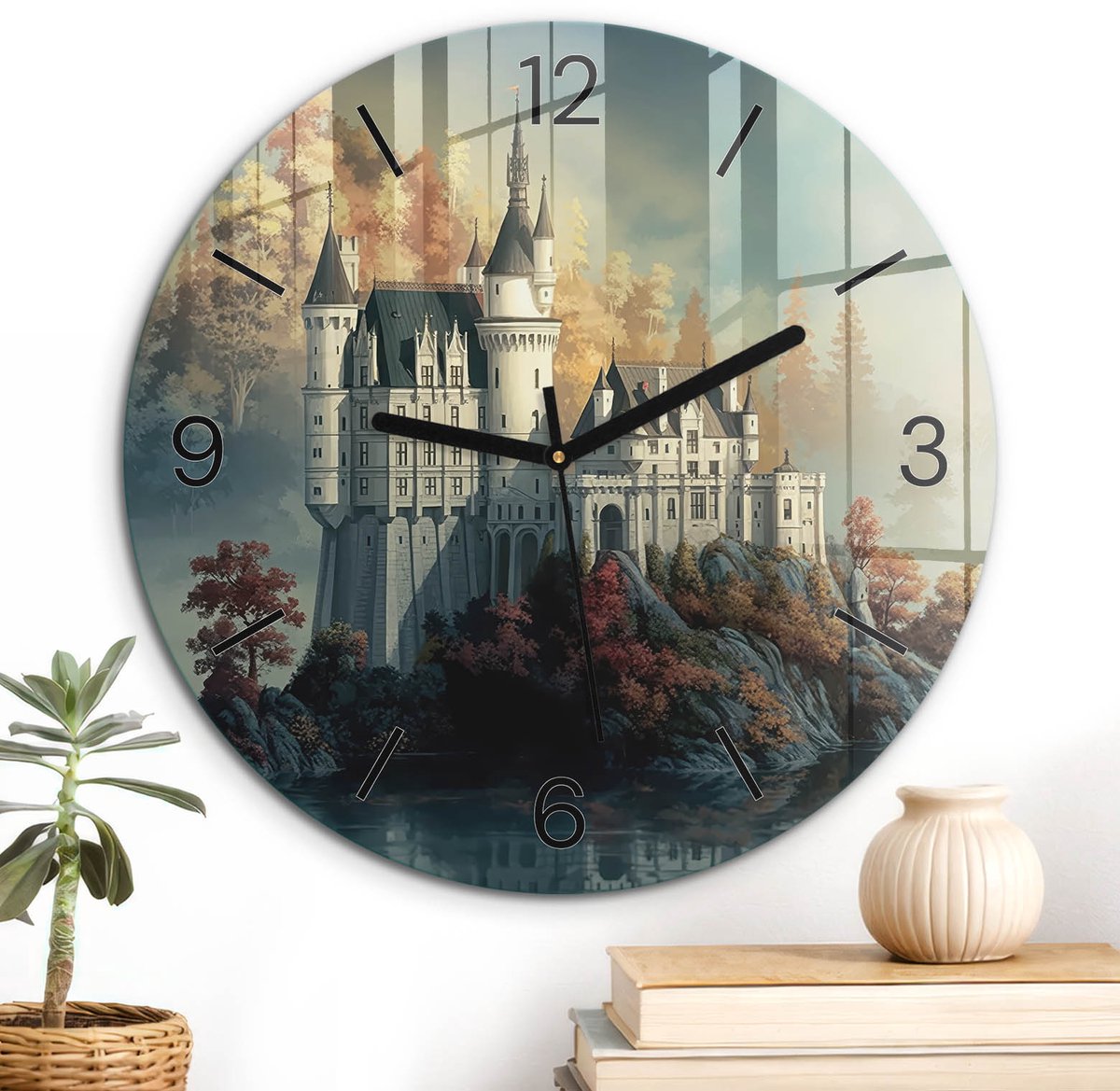 ArtPrintCave Beige Glazen Klok - Wandklok 30 cm - Muurklok Rond - Sprookjeskasteel Unieke Klok - Natuur Stille Wandklok - Zwarte Klokwijzers