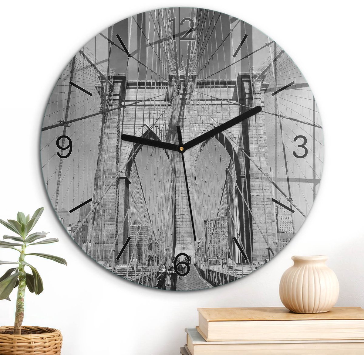 ArtPrintCave Zwart-wit Glazen Klok - Wandklok 30 cm - Muurklok Rond - Stadsbrug Stille Wandklok - Steden Wandklok Keuken - Zwarte Klokwijzers