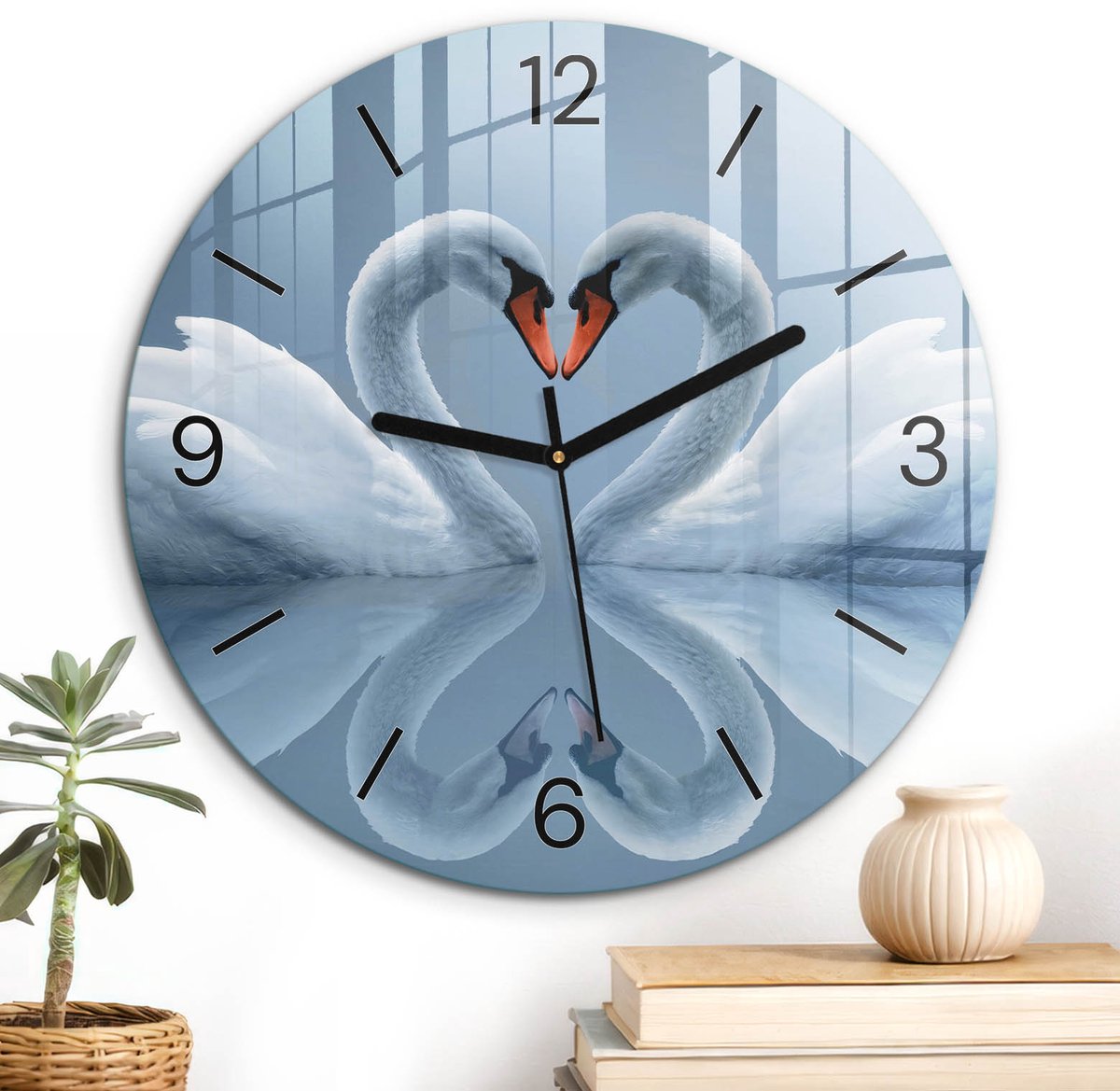 ArtPrintCave Wit Glazen Klok - Wandklok 30 cm - Muurklok Rond - Zwanenliefde Stille Wandklok - Natuur Wandklok Keuken - Zwarte Klokwijzers