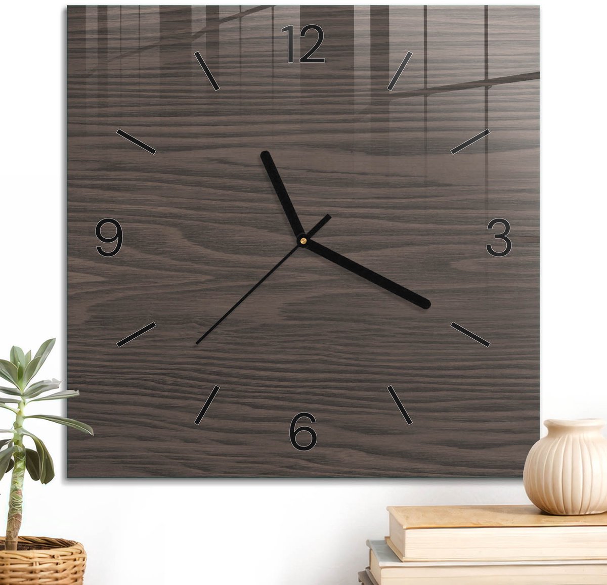 ArtPrintCave Bruin Glazen Klok - 30x30 cm - Wandklok Vierkant - Houten Patronen Stille Wandklok - Achtergronden En Patronen Wandklok Keuken - Zwarte Klokwijzers