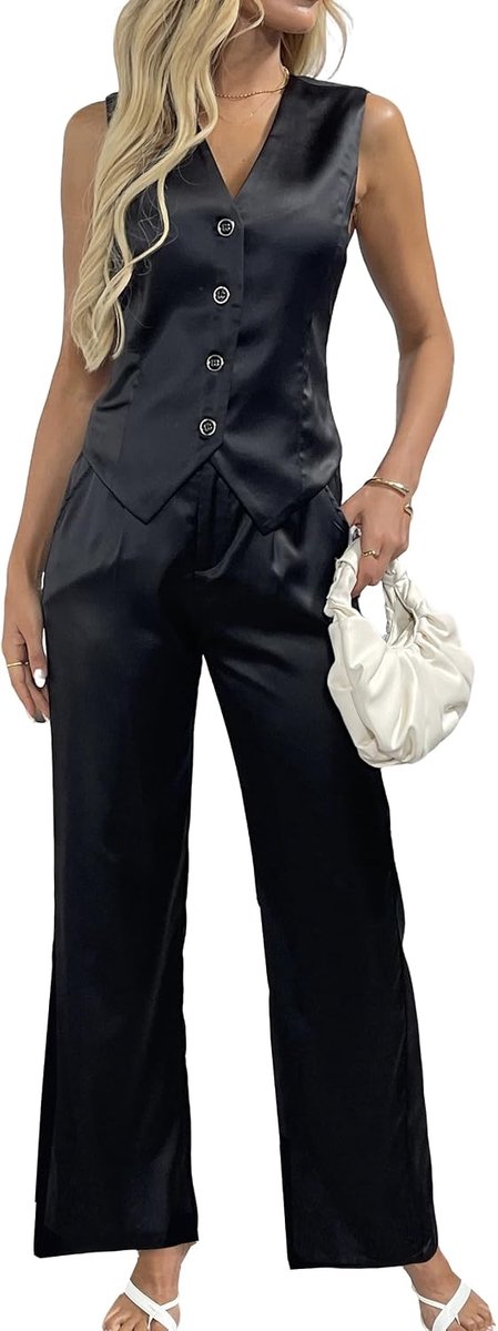 Satijn 2-delige outfits Vest Pak Sets Zijdeachtige Wijde Pijpen Broek Business Casual Bruiloft Werk Sets