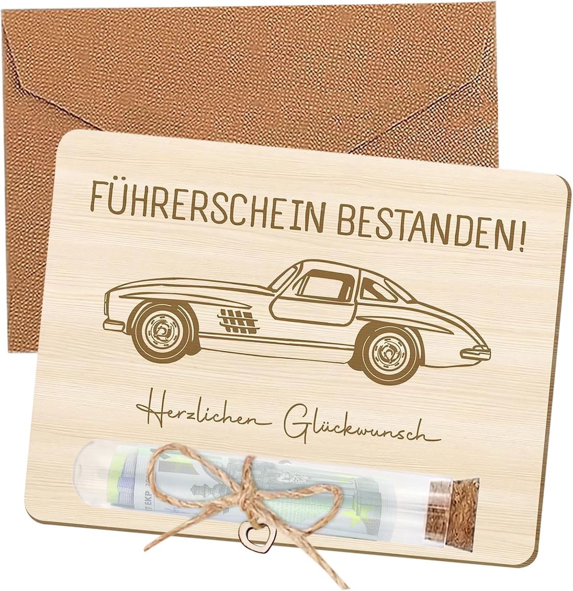 Grappig geldgeschenk voor het examen van het geslaagde examen, origineel rijbewijs, cadeau met reageerbuis en houten doos (13 x 10 cm), uniek cadeau voor vrouwen en mannen om te rijbewijzen