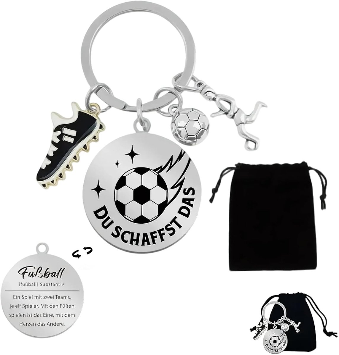 Sleutelhanger Voetbal Met Gravure Voor Mannen, Jongens En Vrouwen – Sportieve Voetbalsleutelhanger Met Schoen En Bal, Inclusief Cadeauzakje – Ideaal Voetbalcadeau Voor Fans
